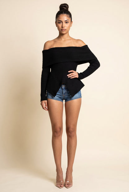 Off the Shoulder Long Sleeve Uneven Hem Knit Top