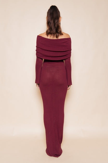 Fold Over Off The Shoulder Long Sleeve Knit Maxi Dress