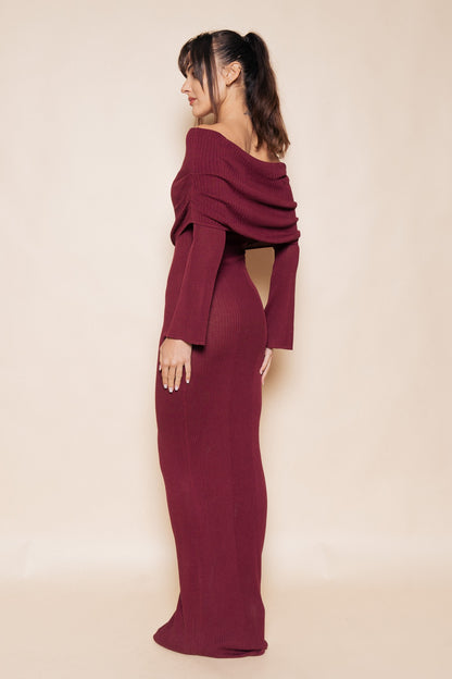 Fold Over Off The Shoulder Long Sleeve Knit Maxi Dress