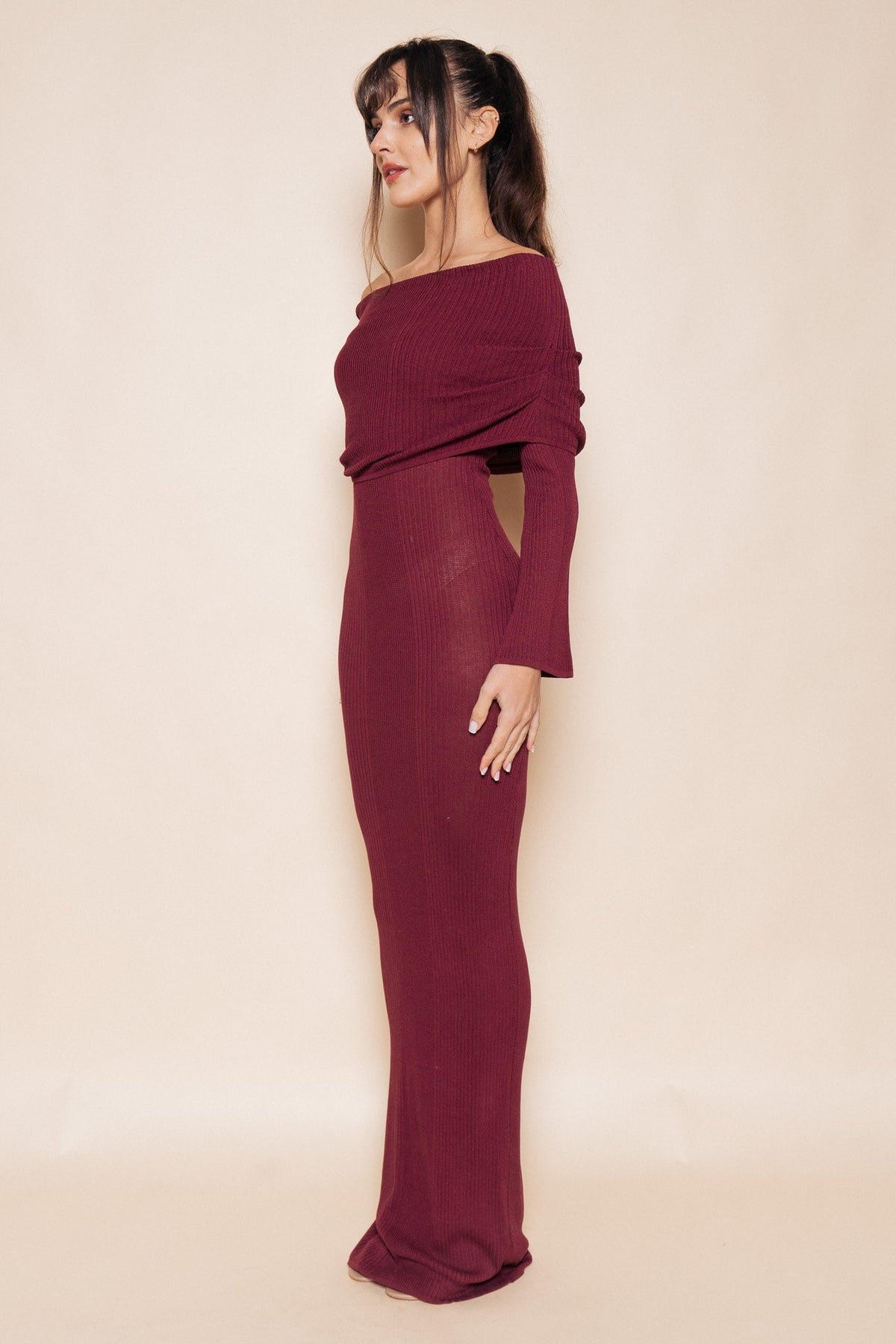 Fold Over Off The Shoulder Long Sleeve Knit Maxi Dress