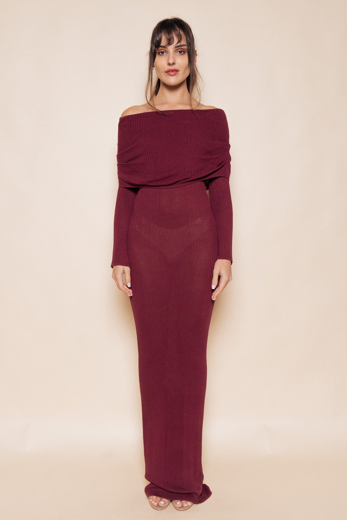Fold Over Off The Shoulder Long Sleeve Knit Maxi Dress