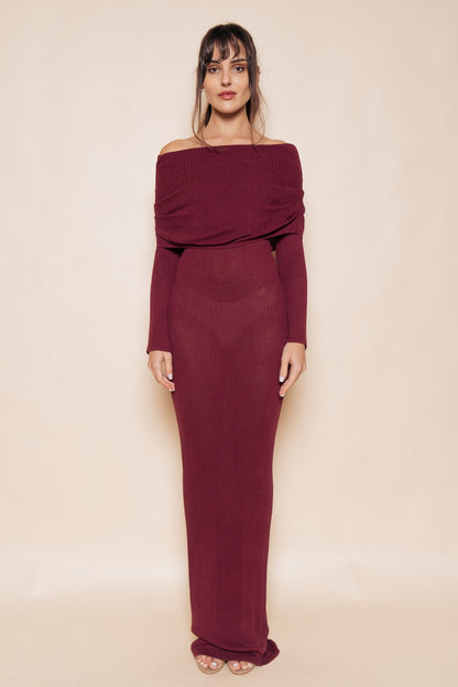 Fold Over Off The Shoulder Long Sleeve Knit Maxi Dress