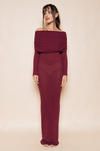 Fold Over Off The Shoulder Long Sleeve Knit Maxi Dress