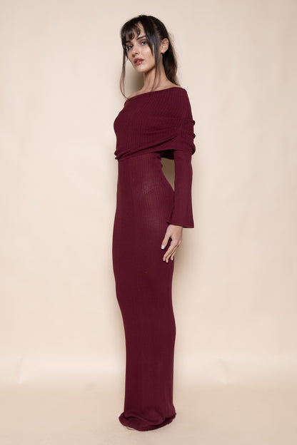Fold Over Off The Shoulder Long Sleeve Knit Maxi Dress
