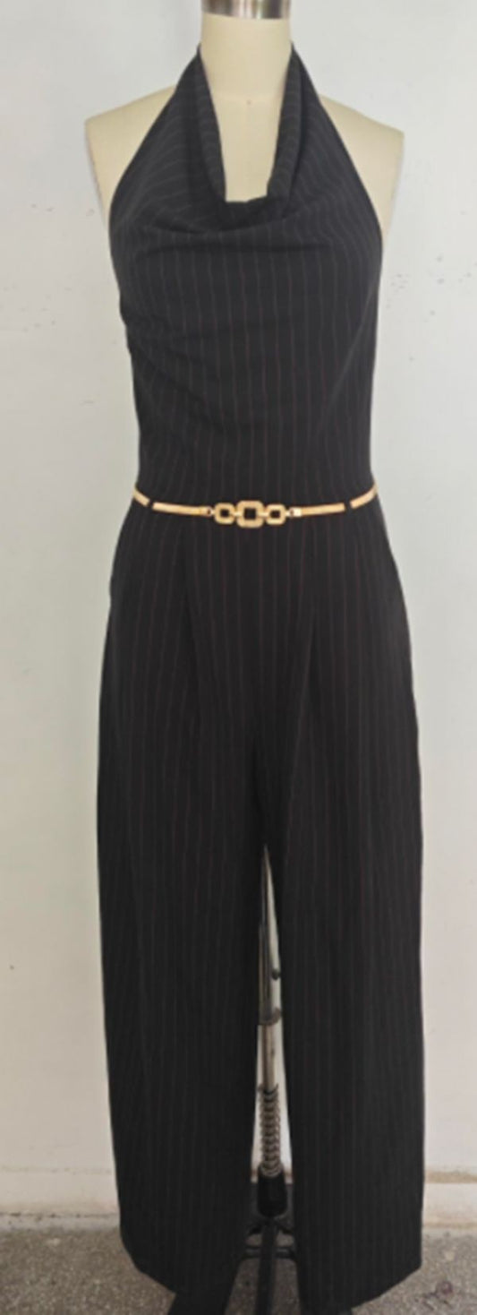 pinstripe cowl neck halter low back belted jumpsuit