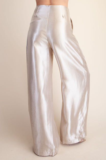 metallic high waist wide leg pleated pants