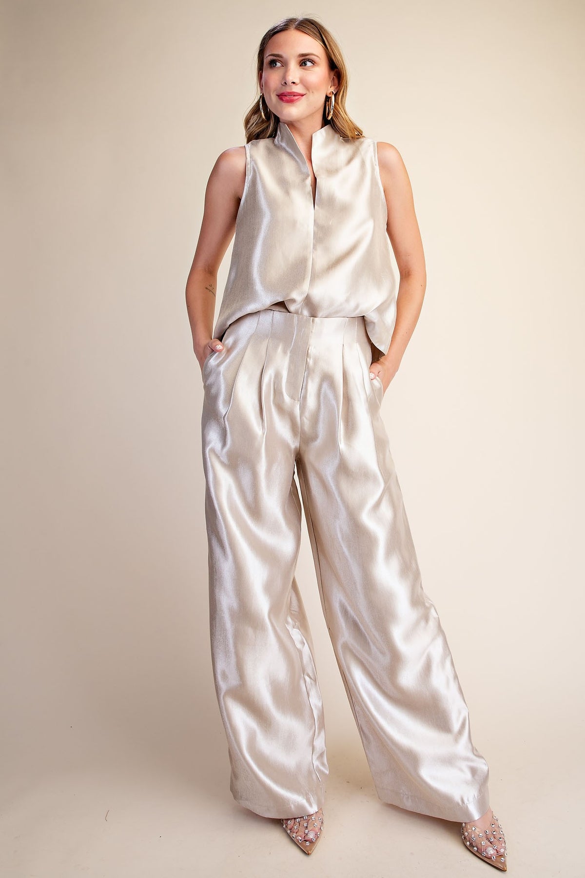 metallic high waist wide leg pleated pants
