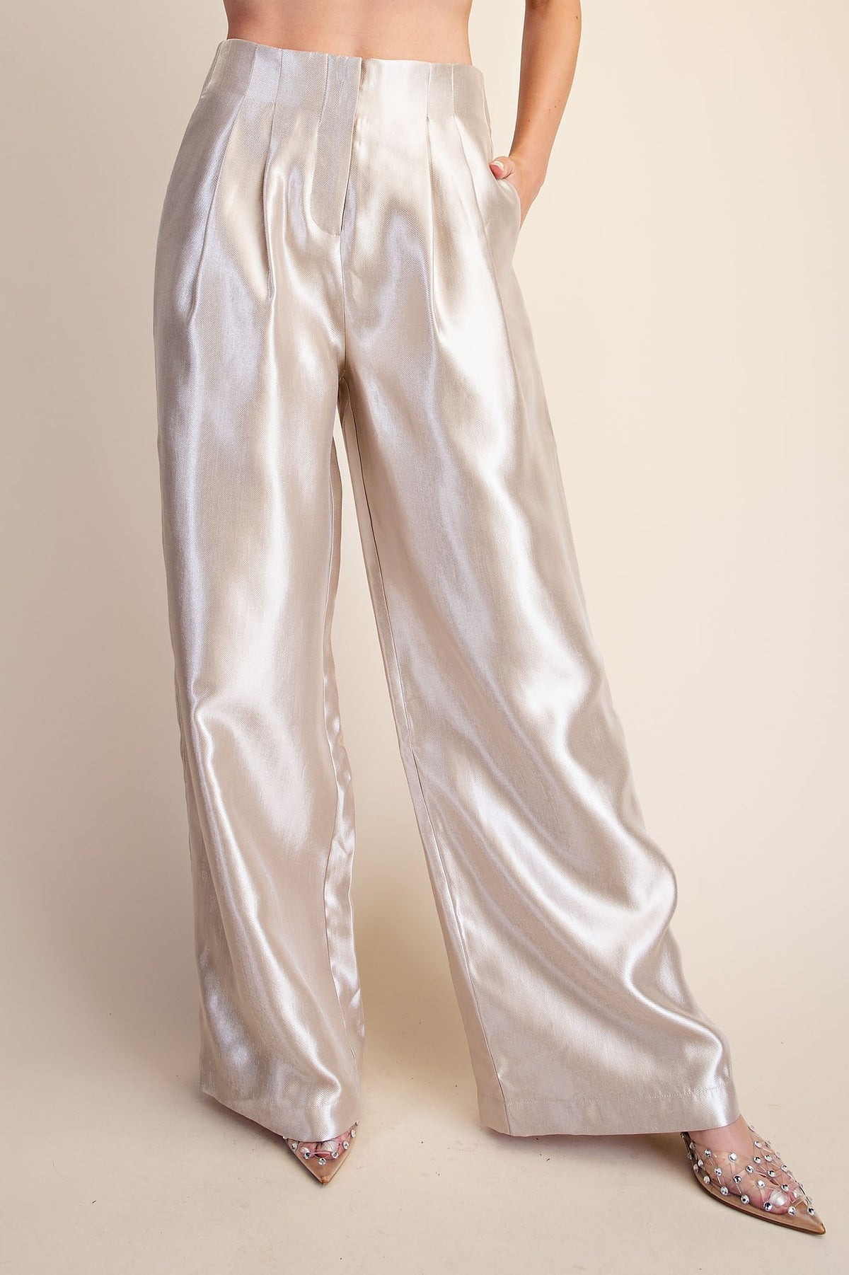 metallic high waist wide leg pleated pants