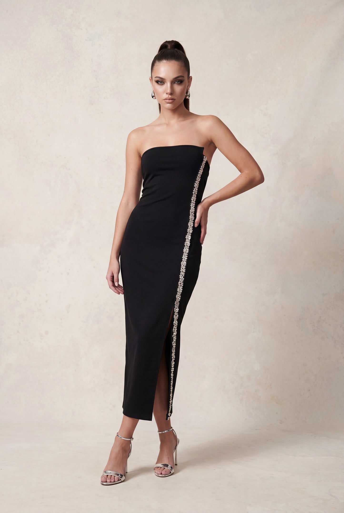 rhinestone strapless midi dress