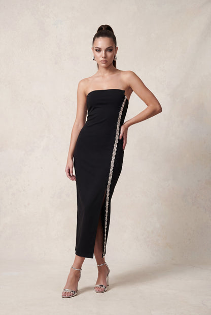 rhinestone strapless midi dress