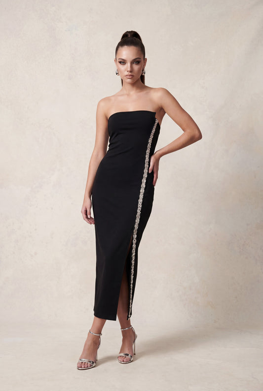 rhinestone strapless midi dress