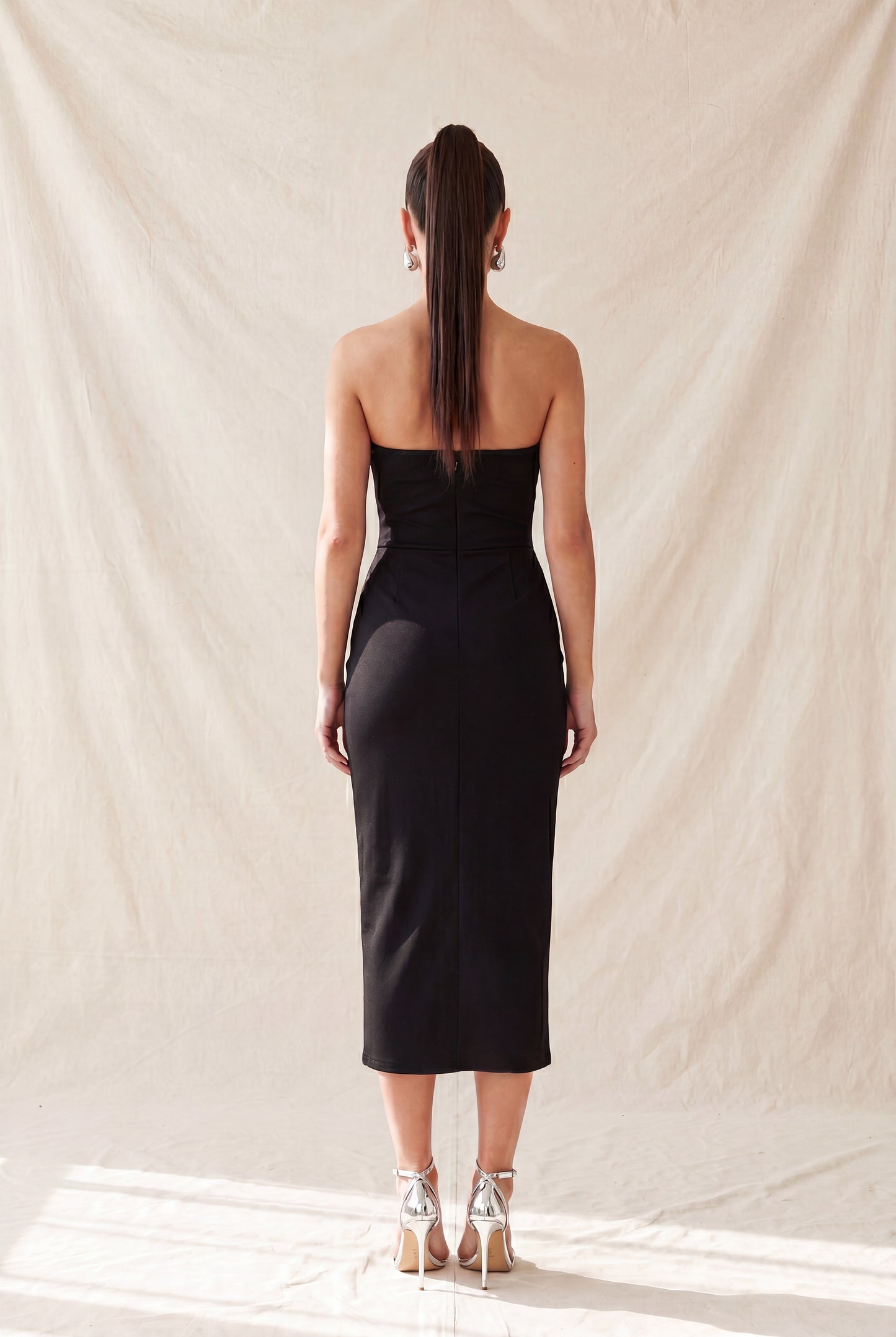 rhinestone strapless midi dress