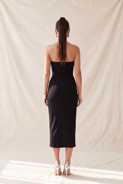rhinestone strapless midi dress