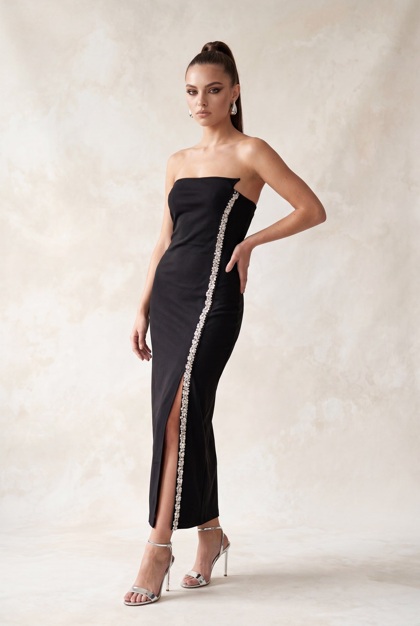 rhinestone strapless midi dress