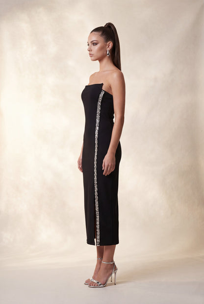 rhinestone strapless midi dress