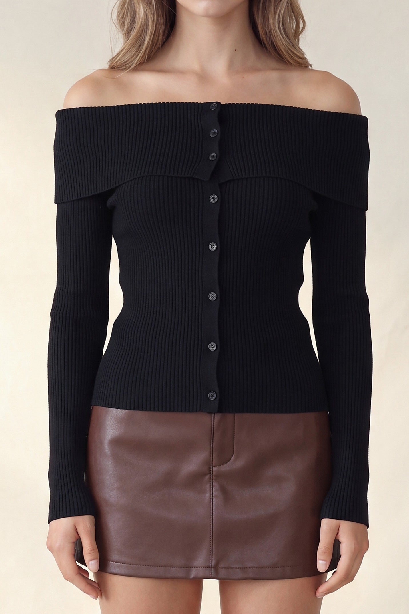 Off the Shoulder Ribbed Sweater Long Sleeve Top