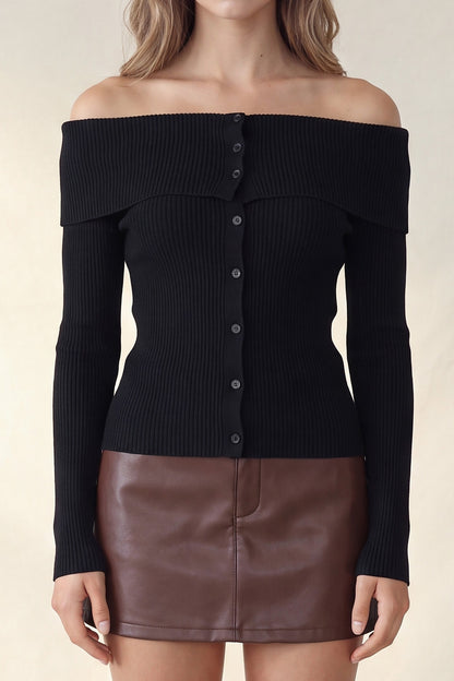 Off the Shoulder Ribbed Sweater Long Sleeve Top