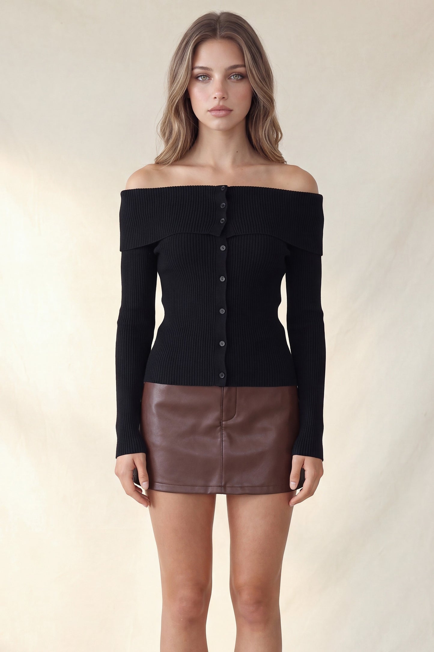 Off the Shoulder Ribbed Sweater Long Sleeve Top