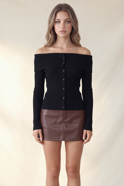 Off the Shoulder Ribbed Sweater Long Sleeve Top
