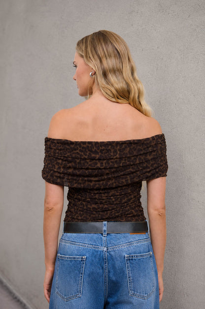 Off-shoulder Ruched Mesh Animal Print Knit Top