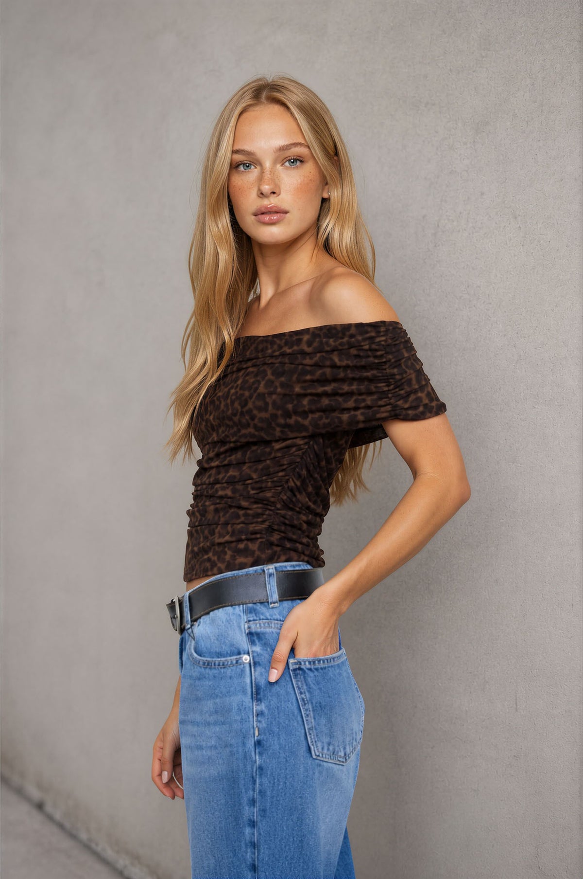 Off-shoulder Ruched Mesh Animal Print Knit Top
