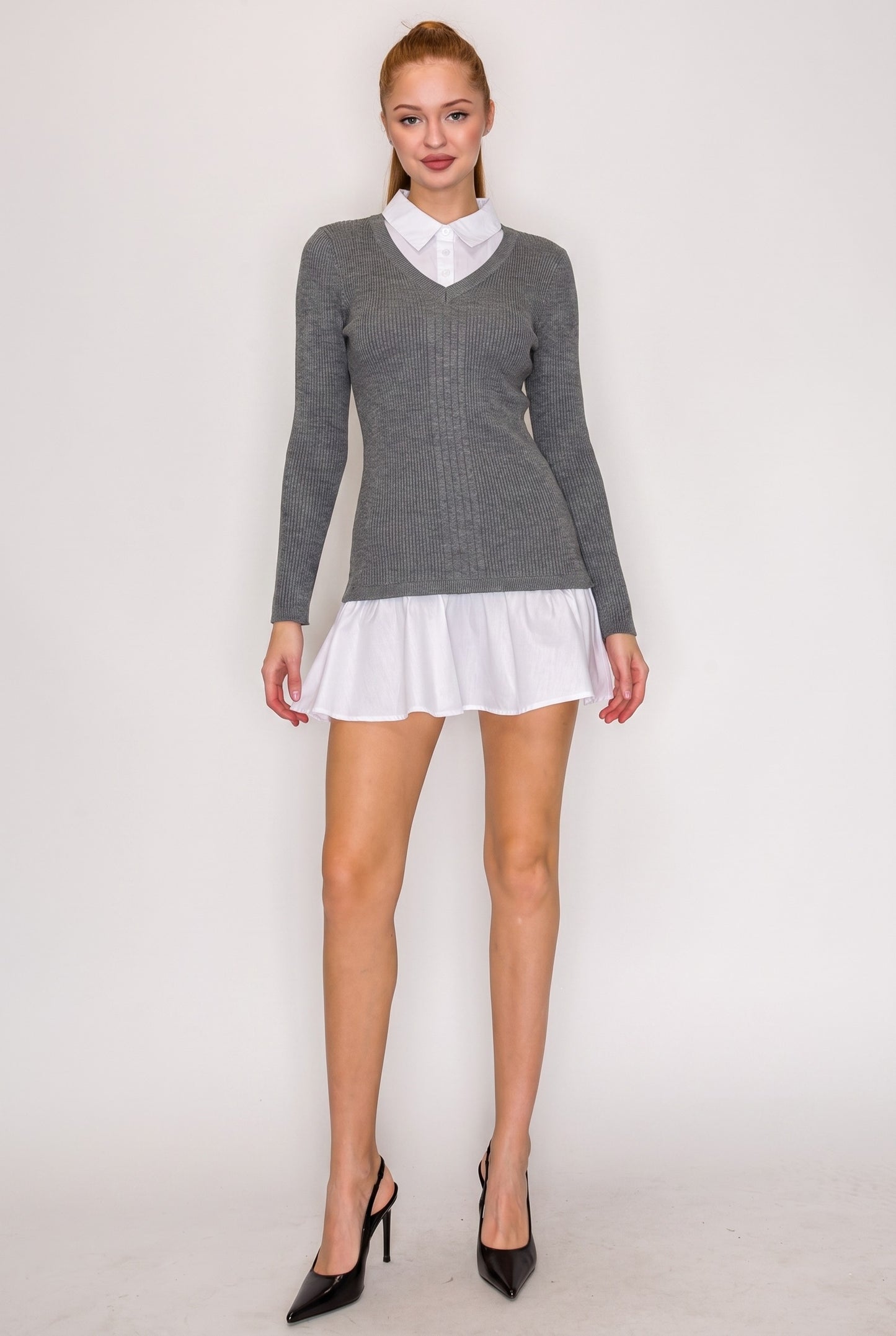 collar & shirttail long sleeve sweater dress