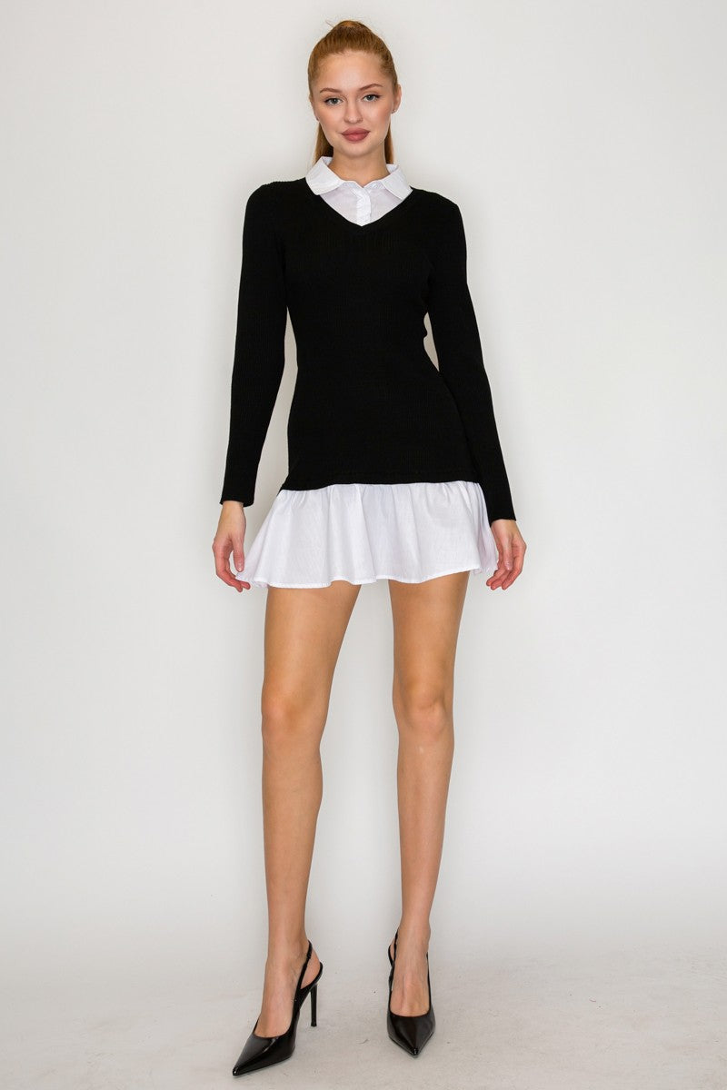 collar & shirttail long sleeve sweater dress