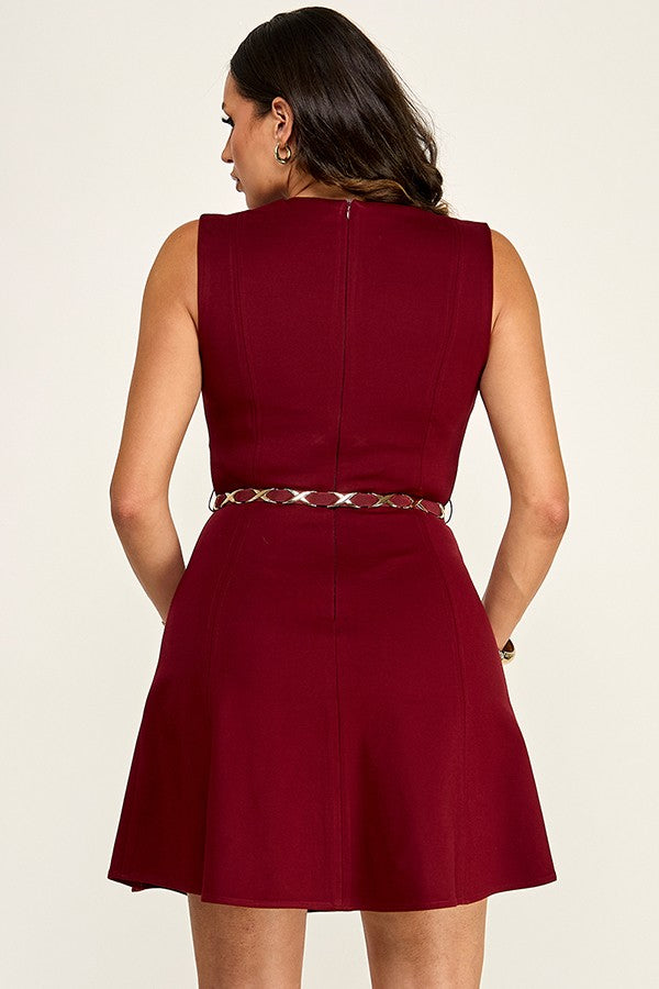 Heavy Ponte Sleeveless Belted Flare Mini Dress
