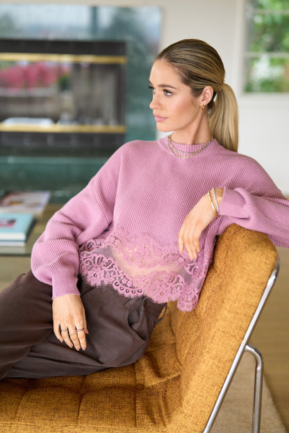 lace trim long sleeve sweater