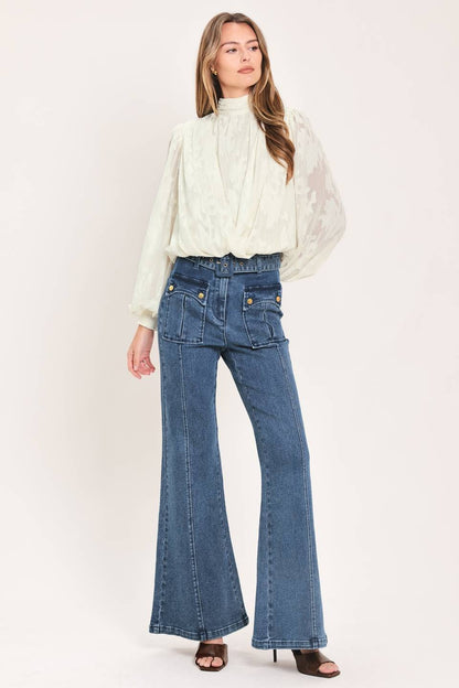 belted patch pocket high waist bell bottom jeans