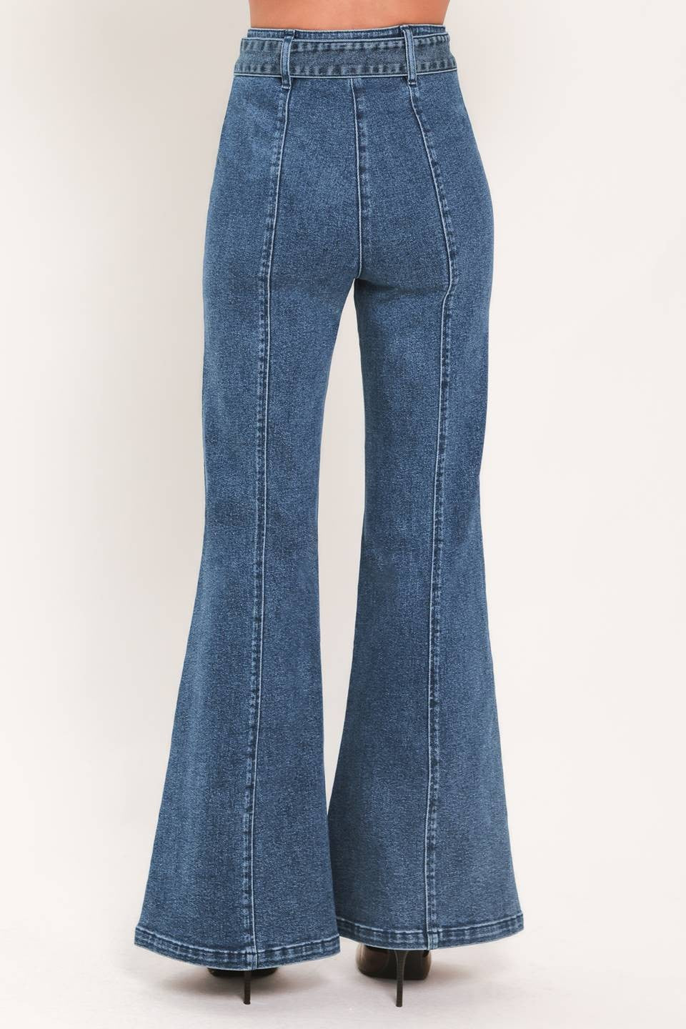 belted patch pocket high waist bell bottom jeans