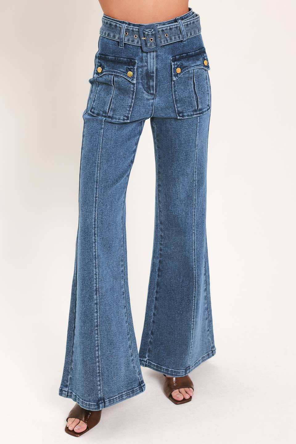 belted patch pocket high waist bell bottom jeans