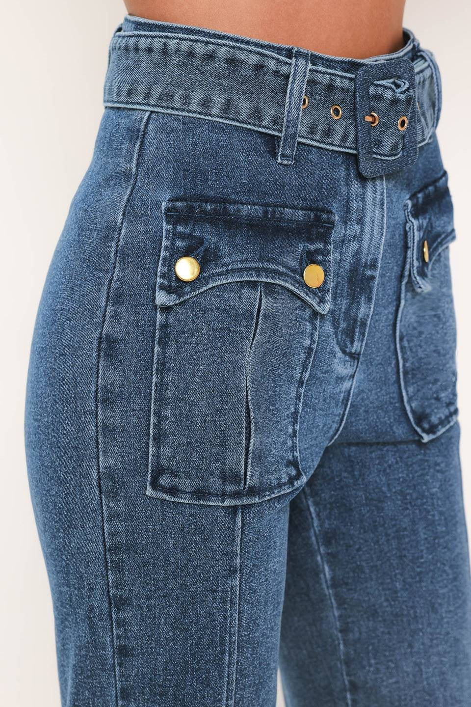belted patch pocket high waist bell bottom jeans