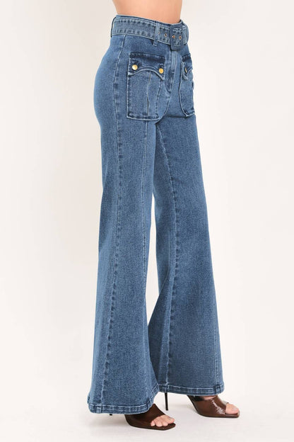 belted patch pocket high waist bell bottom jeans