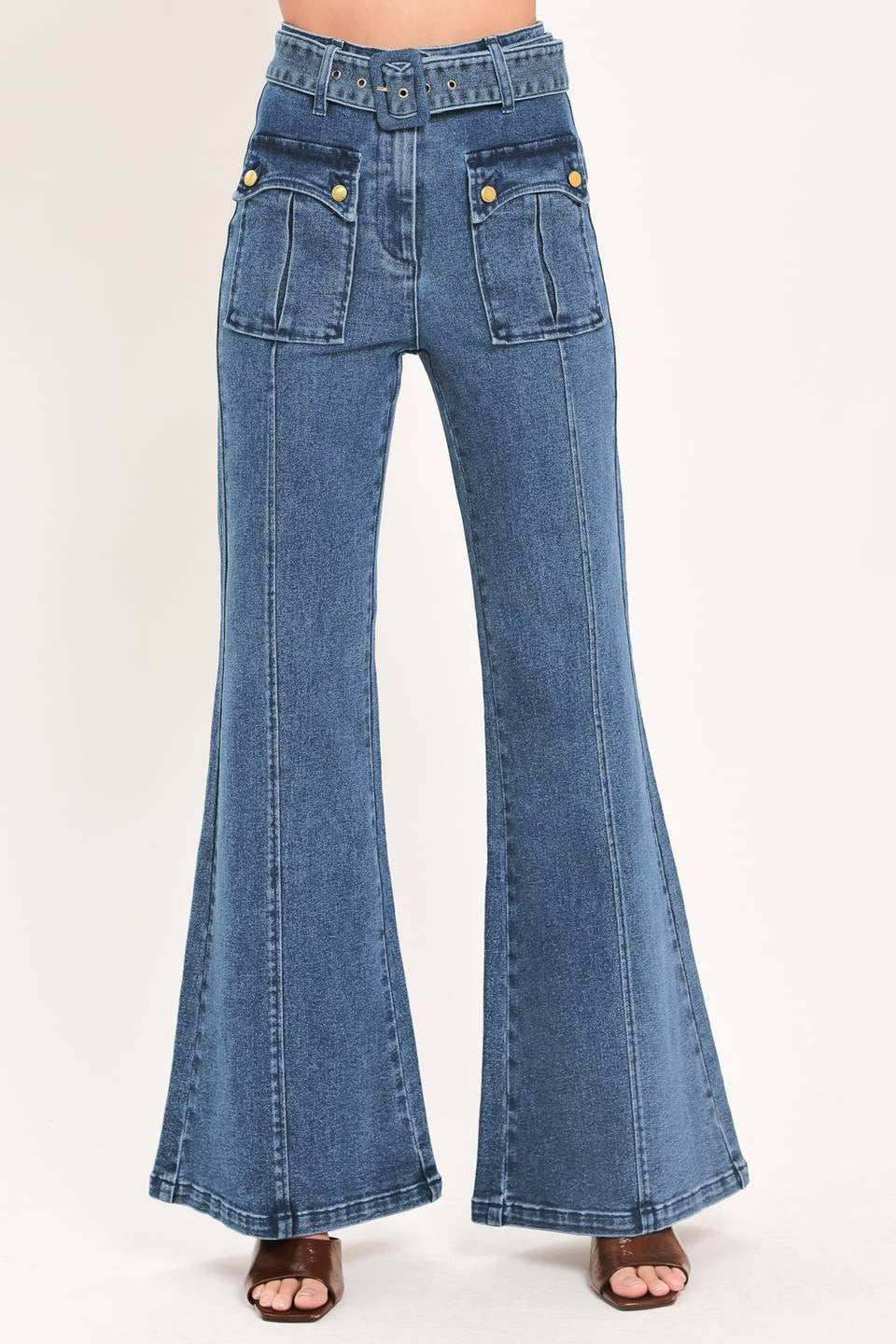 belted patch pocket high waist bell bottom jeans