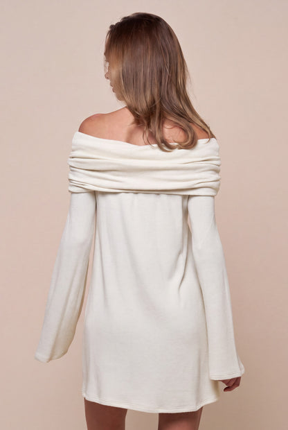 Fold Over Off The Shoulders Brushed Sweater Dress