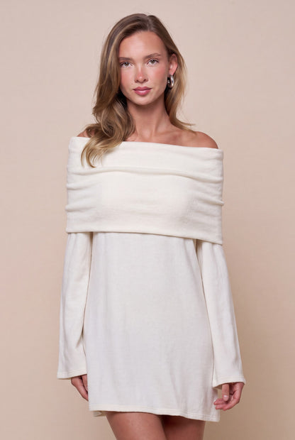 Fold Over Off The Shoulders Brushed Sweater Dress