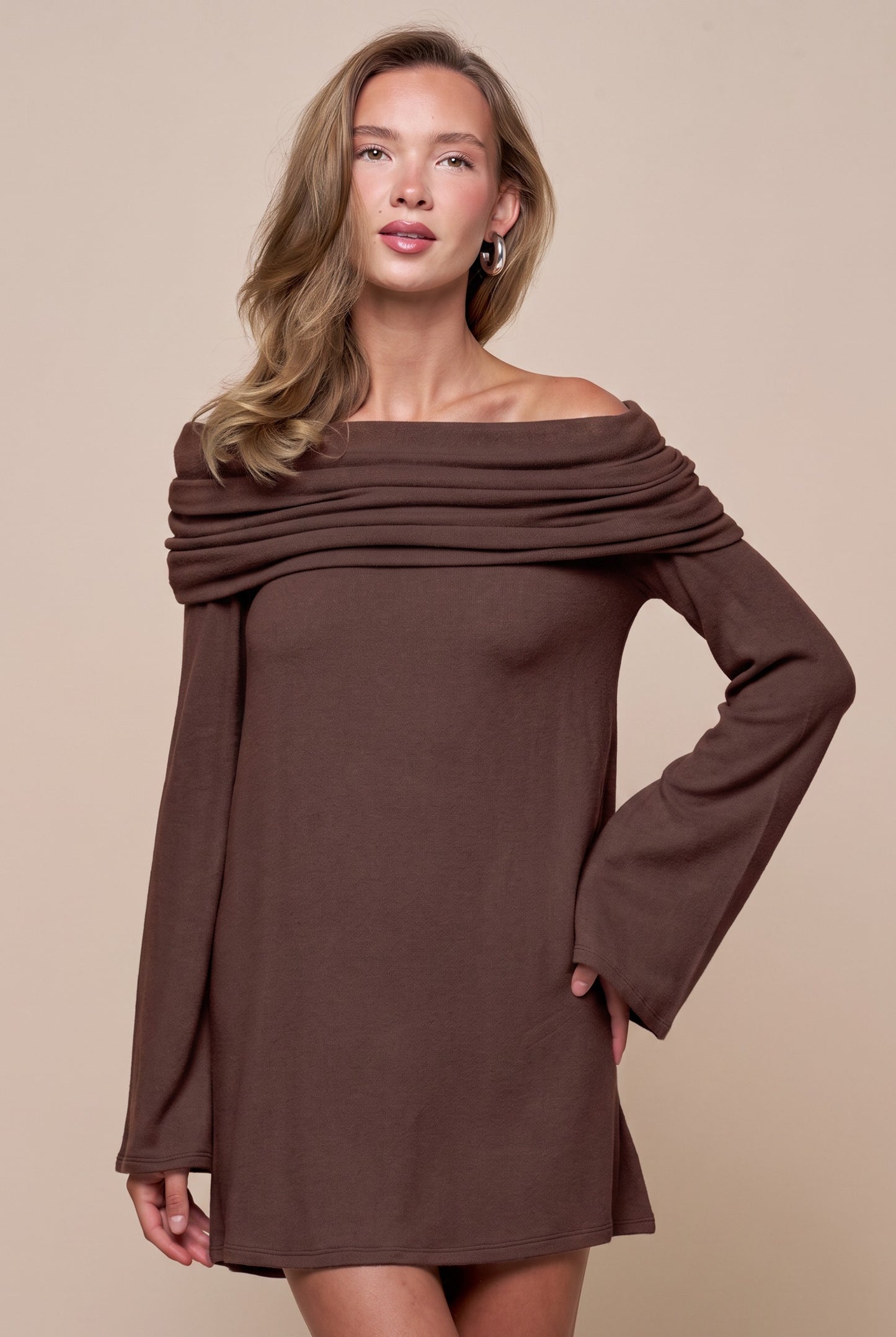 Fold Over Off The Shoulders Brushed Sweater Dress