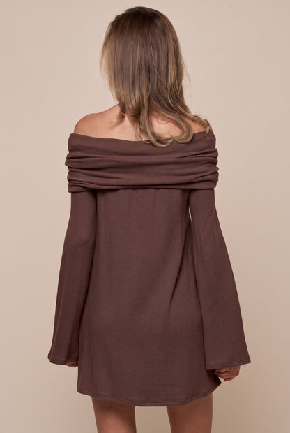 Fold Over Off The Shoulders Brushed Sweater Dress