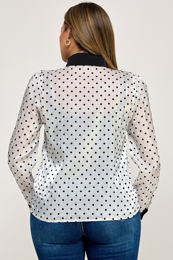 Long Sleeve Polkadot Contrast Bow Tie Top