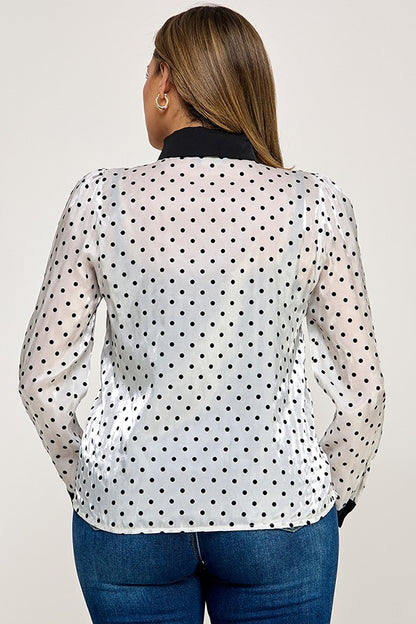 Long Sleeve Polkadot Contrast Bow Tie Top