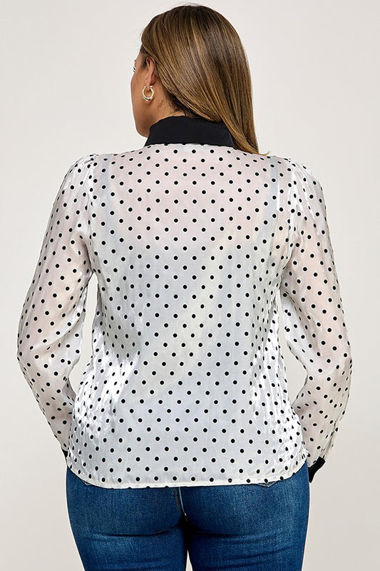 Long Sleeve Polkadot Contrast Bow Tie Top
