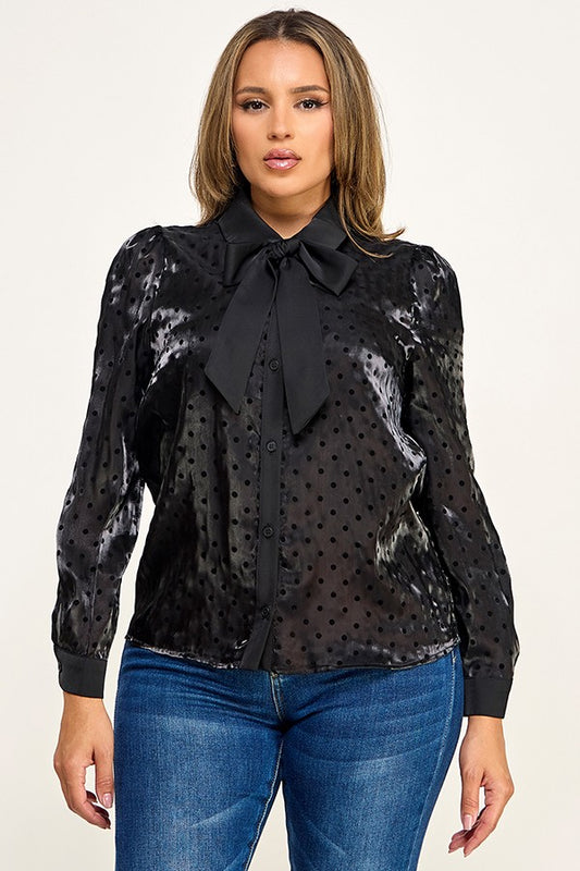 Long Sleeve Polkadot Contrast Bow Tie Top