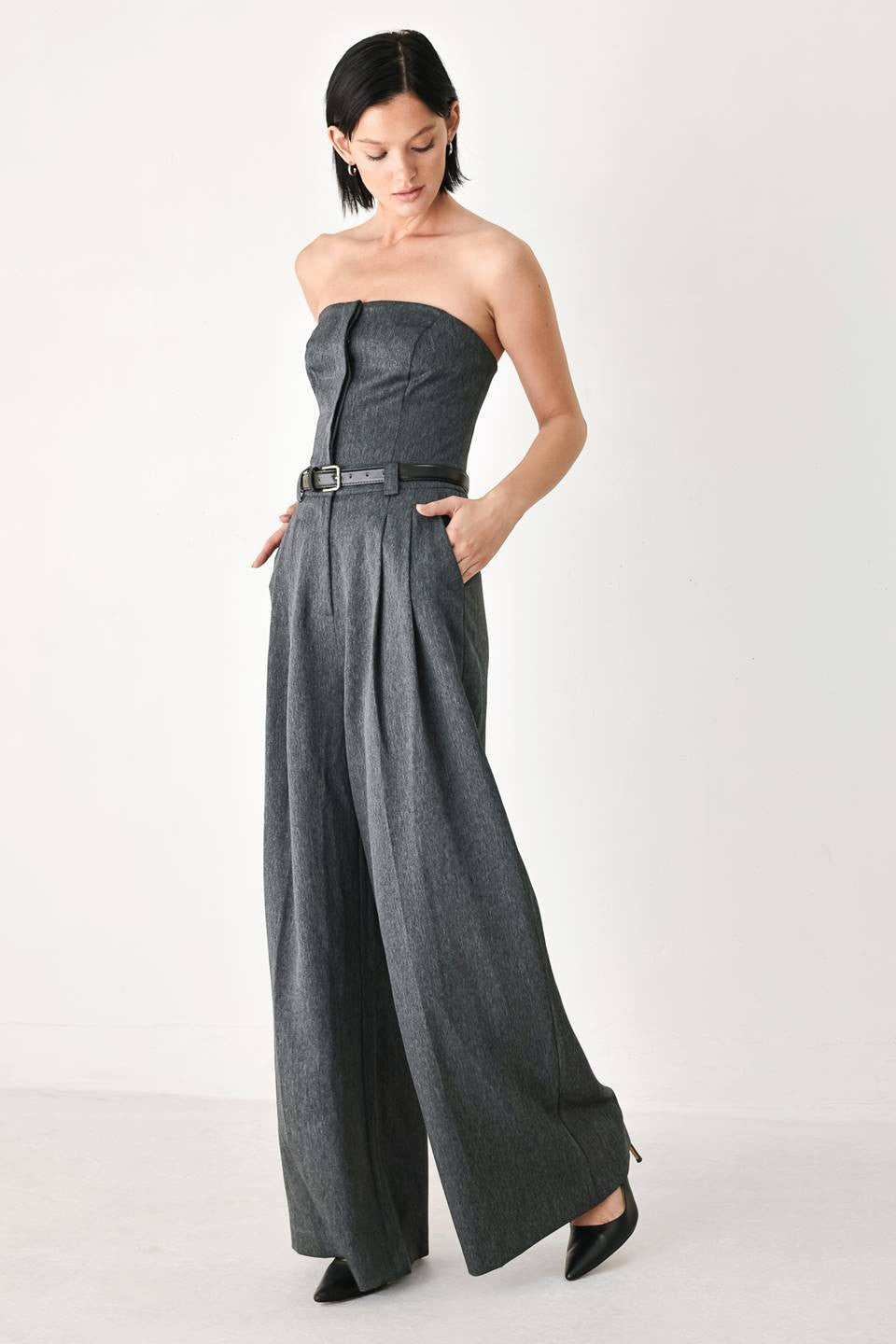 belted strapless wide leg jumpsuit