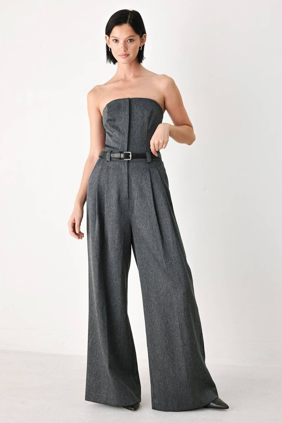 belted strapless wide leg jumpsuit