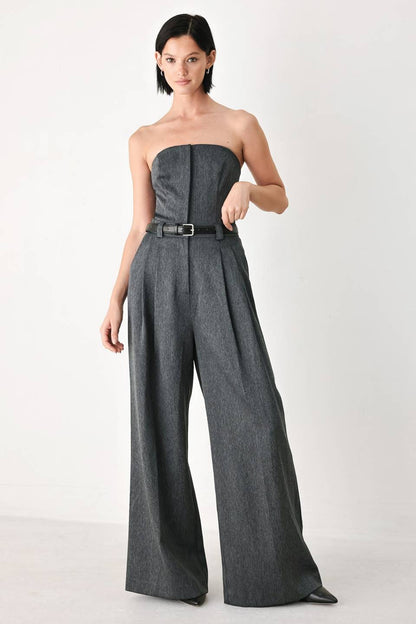belted strapless wide leg jumpsuit