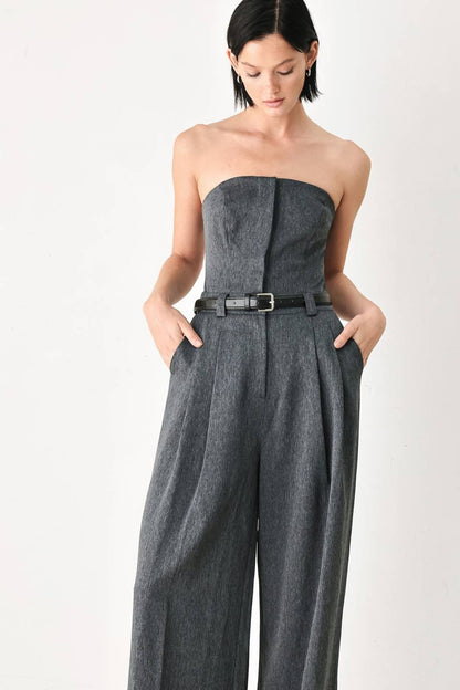 belted strapless wide leg jumpsuit