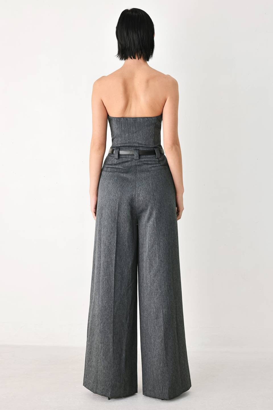 belted strapless wide leg jumpsuit