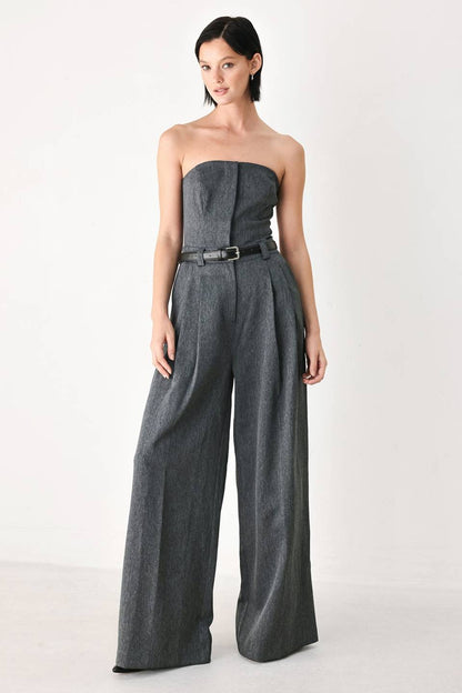 belted strapless wide leg jumpsuit