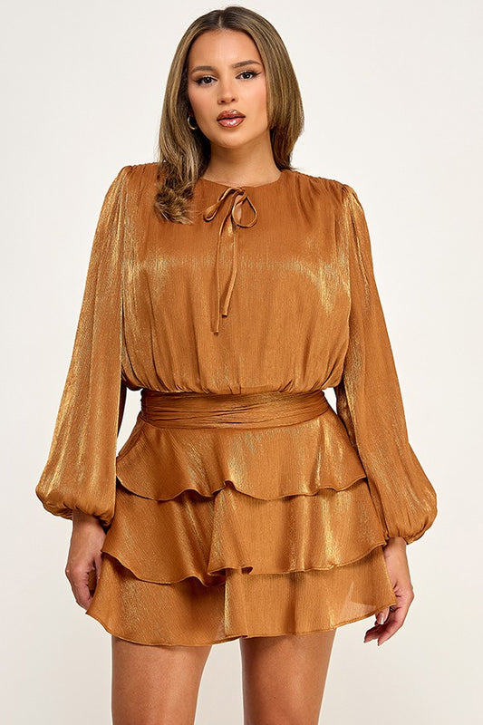 2pc set-Metallic Organza Long Sleeve Top & Tiered Mini Skirt